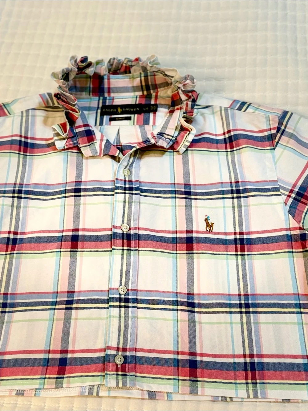 Upcycled Polo by Ralph Lauren Pastel Pink & Blue Plaid Button-Down Crop Shirt - Picture 8 of 9